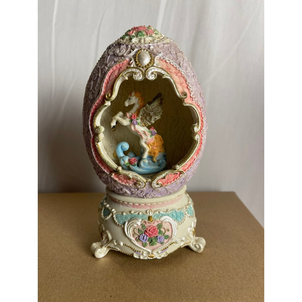 Vintage Style Pegasus Musical Egg Figurine Pastel Floral Winged Horse Decor